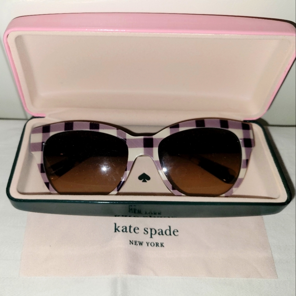 Kate Spade Cream & Brown Checkered Print Cat Eye Sunglasses with Hard Case